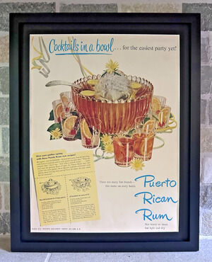 Framed 1949 Original Magazine Ad Puerto Rican Rum Cocktails In A Bowl